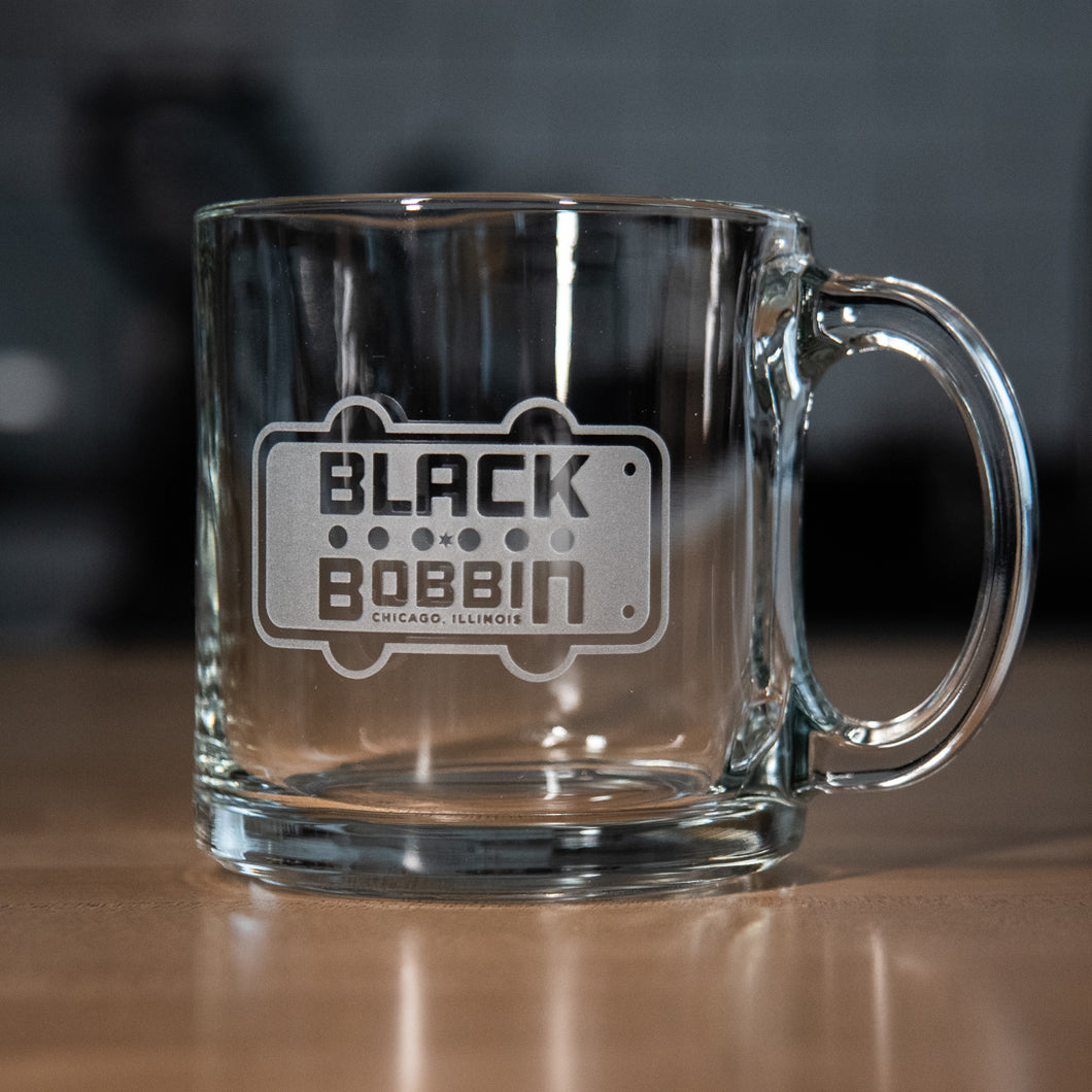 Black Bobbin Etched Glass Mug